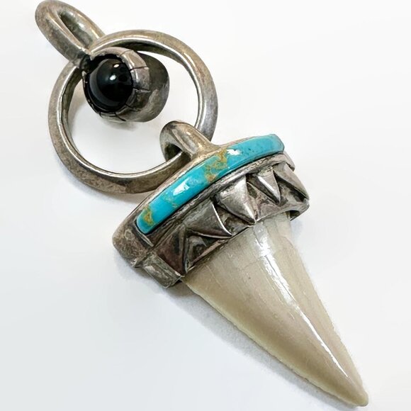 Jewelry - Vintage Shark Tooth Pendant: Turquoise Sterling Silver Black Onyx Handcrafted Un